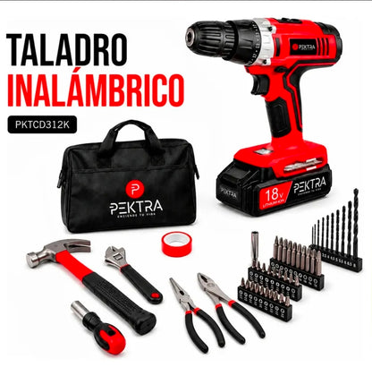 Taladro inalambrico pektra 18v con bolso + 70 accesorios