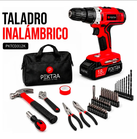 Taladro inalambrico pektra 18v con bolso + 70 accesorios