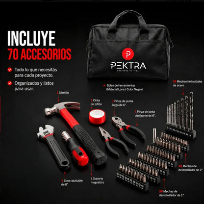 Taladro inalambrico pektra 18v con bolso + 70 accesorios